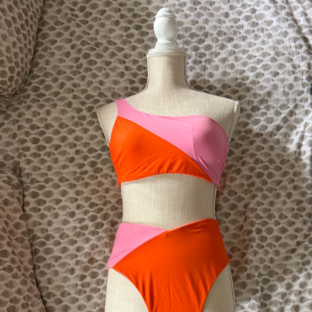 Two-Tone Pink & Orange One-Shoulder Bikini Set